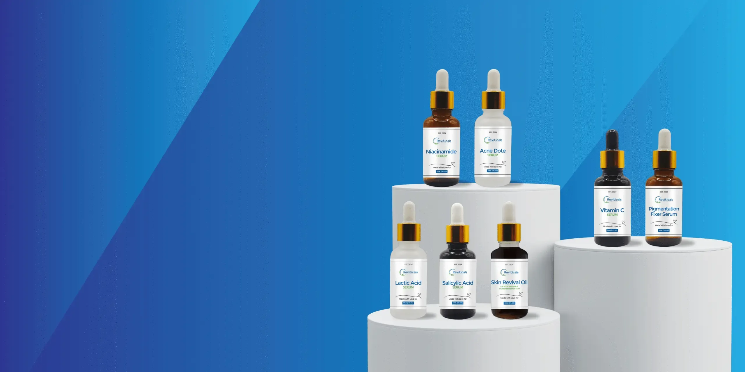Reviticals customizable skincare serums on podiums